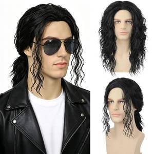lot 8446 image: Guree Hair Mens Black Curly Wig for Costume 70s 80s Mullet Rocker Synthetic Long Wavy Wigs for Retro Halloween Cosplay Party Use