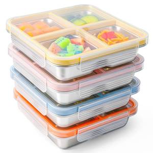 lot 8471 image: clamder 4 Pack Stainless Steel Snack Containers with Lids, 4-Compartment Leakproof Bento Snack Boxes, Reusable Dishwasher Safe Food Storage Containers for Adults, Office, Travel & Meal Prep (4pack-a)