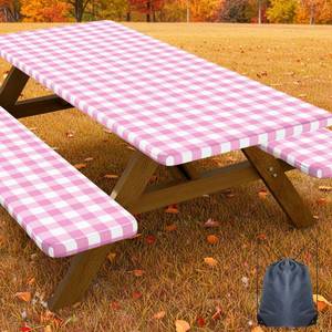 lot 8474 image: Smiry 6FT Picnic Table Cover with Bench Covers, Elastic Fitted Tablecloth