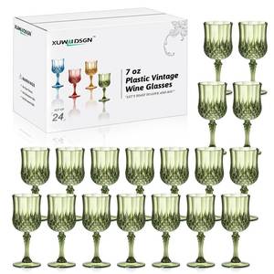 lot 9064 image: XUWAIDSGN 24 Pcs 7oz Plastic Vintage Wine Glasses Drinking Glasses Unbreakable Wedding Glassware Crystal Water Goblets Reusable Drinkware Vintage Champagne Flutes (24, Dark Green)