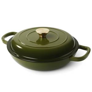 lot 9065 image: Vintage Style 3 Quart Enameled Cast Iron Braiser, Non Stick Enameled Cast Iron Skillet with Lid, Dutch Oven Skillet with lid up to 500°F for Oven, Stove, Grill, Shallow Dutch Oven for Cook, Bake (Golden Green)