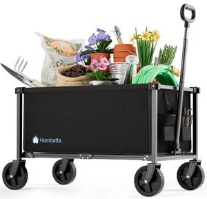 lot 9066 image: 29.3 Collapsible Wagon Cart, 150L Heavy Duty Folding Utility Wagon with Wheels, 260 lbs Load, Portable Rolling Cart for Garden, Shopping, Sports, Camping, Black