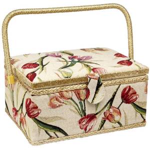 lot 9072 image: Sewing Basket with Tulip Floral Print Design- Sewing Kit Storage Box with Removable Tray, Built-In Pin Cushion and Interior Pocket - Large - 12 x 9 x 6 - by Adolfo Design