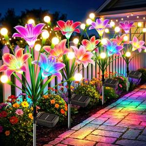 lot 9076 image: BONLION Solar Garden Lights Outdoor 4 Pack 2-in-1 Color Changing Solar Lily Flower Lights with Firefly Swaying Light, Waterproof Garden Decor for Yard Patio Flowerbed Lawn, Gardening Gifts for Women