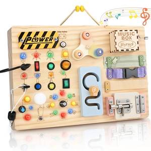 lot 9077 image: Joyreal Wooden Busy Board Montessori Toys for Toddlers, Sensory Activity Board with LED Lights, Music Box & Locks, Educational Learning Toy Gifts for Boys and Girls