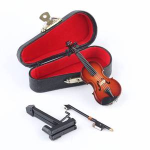 lot 10013 image: Wooden Miniature Violin Replica with Stand, Bow and Case Sculpture Ornament