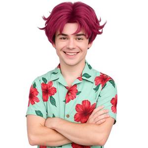 lot 10038 image: PUREHAIR Short Hot Pink Cosplay Wig and 2 PCS Purple Ombre Tattoos for Men - Anime Cosplay Wigs for Mens Halloween Costume Party (Hot Pink)