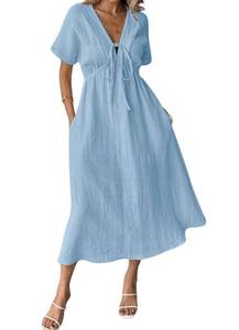 lot 10053 image: chouyatou Womens Summer Boho V-Neck Cotton Tunic Dress Casual Loose Short Sleeve Midi Long Beach Dress (Large, Blue)