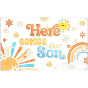 lot 10072 image: Yriujul Fabric 72x43inch Here Comes The Son Backdrop Baby Shower Banner