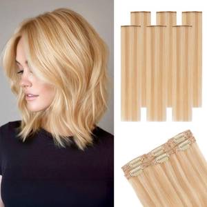lot 10073 image: Clip in Short Hair Extensions Real Human Hair,Prokyvity Short Hair Extensions Clip ins,Mini Hairpieces for Volume & Highlights,6 Pieces 31g 10 inch Gold Blonde Mixed Bleach Blonde