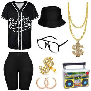 lot 10491 image: 80s 90s Outfit for Women 6PCS Hip Hop Costume Baseball Jersey Shirt Yoga Pants Bucket Hat Chain Rapper Accessories