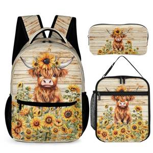 lot 13819 image: Homieblanket Highland Cow Backpack with Lunch Bag & Pencil Case, 17 in