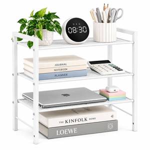 lot 13822 image: Becomrock Desktop Shelf Organizer, 3-Tier Office Storage Rack, Adjustable Metal Bookshelf for Top of Desk, White Desk Organizer for Office, Home, Dorm and Small Spaces (White)