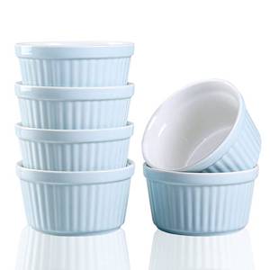 lot 13825 image: YAZYLIFE Ramekins 6oz Oven Safe, Creme Brulee Ramekin and Souffle Dishes, Porcelain Baking Bowls, Dipping Sauce Dish.Pudding Cups, Set of 6, Blue.