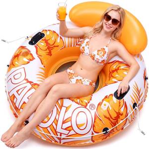 lot 13833 image: PAFOLO River Tubes for Floating Heavy Duty, 53 Inflatable Pool Floats Adult, Water Tube with Mesh Seat, Full Support Headrest, 2 Cup Holder, 450lb Capacity - Ideal for Pool, River, Lake Float Orange