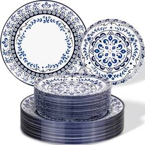 lot 13850 image: Hioasis Blue Plastic Plates, Floral Disposable Plates, 60 Pcs for 30 Guests