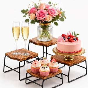lot 13859 image: ZENFUN 4 Piece Wood Buffet Risers, Dessert Table Risers Food Display Riser, Pizza Pan Riser, Cupcake Stand & Wood Display Risers, Nesting Food Platter and Plate Holder