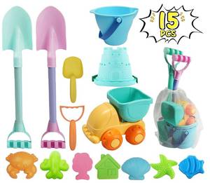 lot 13873 image: IOKUKI Long Shovels Sand Toys Set with Mesh Bag Including Dump Truck, Beach Buckets, Shovels, Rakes, Molds, Outdoor Beach Toy Tool Kit for Kids, Toddlers, Boys 1and Girls (15 PCS) Age 3