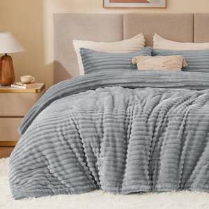 lot 13876 image: BEDELITE Fleece Queen Comforter Set, Fluffy Bed Set, Light Grey