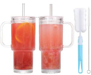 lot 13889 image: ASANMEYO 2 Pcs 20oz Ribbed Glass Cups With Handle, Ribbed Drinking Glasses with Lids and Straws, Vintage Fluted Ribbed Glassware, Iced Coffee Cup for Cocktail, Beer, Juice, Milk, Decor, Gift