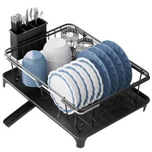 lot 13891 image: Expandable Dish Drying Rack, Carbon Steel Dish Rack with Drain Board and Utensil Holder, Extendable 14.2-20.7 in Drainer with Swivel Spout for Kitchen Counter