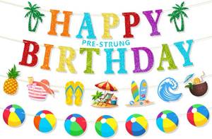 lot 14307 image: Ushinemi Pool Party Birthday Decorations NO DIY Pool Happy Birthday Banner