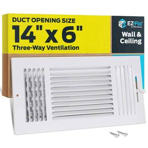 lot 14315 image: EZ-FLO 14 x 6 Inch (Duct Opening) Air Vent Cover for Wall or Ceiling, Three-Way Ventilation Register, Solid Steel HVAC Register Cover, White, 61616