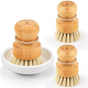 lot 14331 image: SUBEKYU Bamboo Dish Scrub Brush,Produce Brush,3 Pack with Ceramic Holder