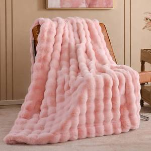 lot 19016 image: Smoofy Faux Rabbit Fur Throw for Couch - Blush Pink Bubble Blanket 50x60