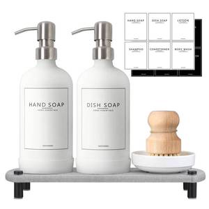 lot 19034 image: NEECZS Kitchen Soap Dispenser Set with Instant Dry Tray,16 Oz Hand and Dish Soap White Glass Dispenser Set,Stainless Steel Pump,Waterproof Labels&Dish Brush,Luxury Soap Bottle for Kitchen,Bathroom