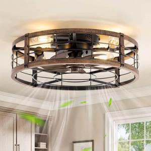 lot 19976 image: LEDIARY 20 Caged Low Profile Ceiling Fan with Light and Remote Black Gold