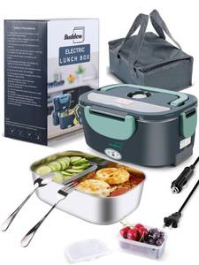 lot 19988 image: Buddew Electric Heated Lunch Box, 100W Fast Heating, 1.5L Food-Grade 304 Stainless Steel, 12V24V110V Portable Food Warmer for Car Truck Office Adults, Lonchera Electrica Portatil (Green)