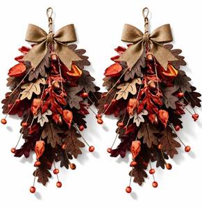 lot 19990 image: 2 PCS 24 Fall Teardrop Swags for Front Door Autumn Wooden Oak Leaves Teardrop Swag with Berries Thanksgiving Harvest Hanging Swag Wreath for Farmhouse Cabinet Wall Mantel Stair Rustic Home Decor