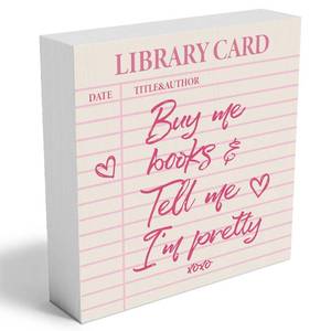 lot 20154 image: Cute Bookshelf Accessories Decor Aesthetic Buy Me Books & Tell Me I am Pretty Desk Decor With Wooden Stand for Women Book Lovers, Bookish Home Decoration Home Bedroom Office Bookshelf (Cracked in Back)