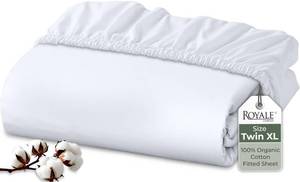 lot 20173 image: Royale Linens 100% Organic Cotton Fitted Sheet - Percale Weave - Super Soft Deep Pocket Bottom Sheets - White Elastic Sheet Twin XL Size - Twin XL Fitted Sheets Only - (39x8015, White)