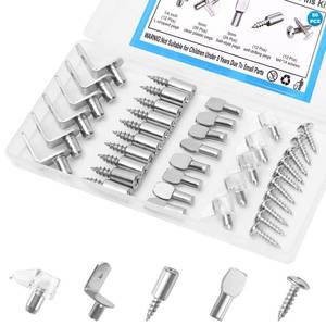 lot 20184 image: RKBEZOS 80 Pcs Shelf Pegs Pins Kit, 4 Styles Heavy Duty 5mm 14 Inch Shelf Support Pegs Holders, Nickel Plated Cabinet Shelf Clips for Kitchen Wood Shelves Bookcase (Open Box, May Be Missing Pieces)
