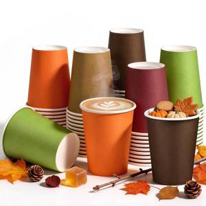lot 20204 image: URATOT 60 Pieces 9 Ounce Disposable Paper Cups Autumn Color Party Cups Thanksgiving Fall Drinking Cups for Party, DIY, and Holiday, 5 Colors