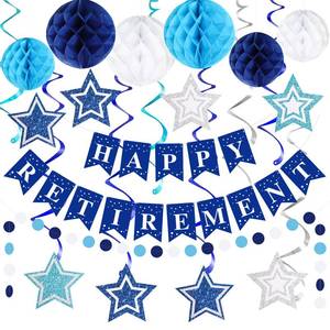 lot 20262 image: Happy Retirement Party Decorations for Men Women Blue Silver Happy Retirement Banner Honeycomb Balls Pentagram Hanging Swirl Streamers Circle Dots Garland