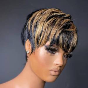 lot 20286 image: VRZ Pixie Cut Wig Human Hair Short Pixie Cut Wig for Black Women Short Layered Pixie Wigs With Bangs Blonde Color Glueless Wigs with Bangs Quick Get Up and Go Wigs (1b30)