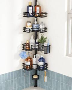 lot 1949 image: SWTYMIKI Shower Caddy Tension Pole - 4-Tier Corner Shower Organizer Tension Rod with Soap Holder, Toothbrush Holder & 4 Hooks, Adjustable Stainless Steel Bathroom Organizer 27.6 to 108.3 inch, Black