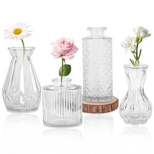 lot 1953 image: Set of 4 Glass Bud Vase Set, Small Vintage Clear Flower Vase Centerpieces for Table Bulk Cute Rustic Style Mini Vase for Home Decor Wedding Baby Shower Birthday Party