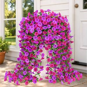 lot 1981 image: Artificial Hanging Flowers for Outdoors, Fake Hanging Flowers for Decoration, UV Resistant Artificial Outdoor Plants, 2 Pcs Morning Glory for Outdoors Garden Patio Porch Yard Decor, Purple & Fuchsia