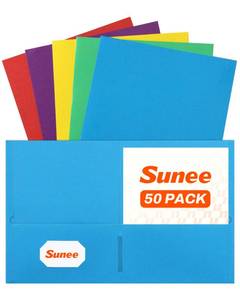 lot 1987 image: SUNEE Two Pocket Folders, 50 Pack File Folders with Business Card Slot, Assorted Colors, Textured Paper, Fit Letter Size Paper, Paper File Folder for School Office Home Business