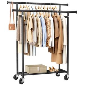 lot 1990 image: HYSEYY Clothes Rack, Double Rods Rolling Clothing Rack for Hanging Clothes, Portable Garment Rack with Wheels, Coat Rack Wardrobe Closet Load 240 LBS for Bedroom Laundry Room (Black, L)