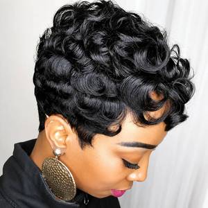 lot 2031 image: MOONSHOW Short Pixie Wigs for Black Women Short Black Curly Pixie Wig Synthetic Short Hair Wigs for Black Women Natural Wavy Black Pixie Cut Wig (Natural Black)