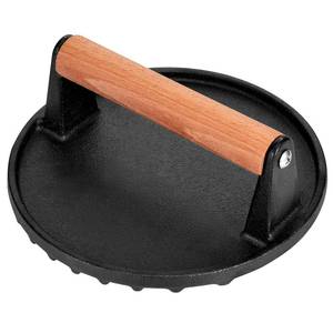 lot 2093 image: Whaleme Smashed Burger Press, 7 Round Heavy-Duty Cast Iron Smash Meat Steak with Wooden Handle for Blackstone Griddle, Juicy and Crispy Burgers for BBQs, Cookouts