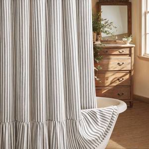 lot 2100 image: Farmhouse Shower Curtain Ruffle Linen Cream-Black Stripe 72W x 78L