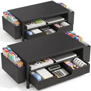 lot 7383 image: ECOLOVI Desk Organizer and Accessories, 2-Tier Computer Monitor Stand Rise with Storage Drawer & 2 Pen Holders, Laptop & Printer Stand for Desktop, Workspace Organizers for Office Supplies (Black 2-Pack))