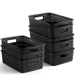 lot 7389 image:  8 Pack  Plastic Storage Baskets, Small Pantry Organization and Storage Bins, Household Organizers for Laundry Room, Bathrooms, Kitchens, Cabinets, Countertops, Under Sink or Shelves, Black