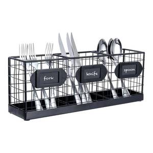lot 7394 image: MyGift Wall Mounted Black Metal Utensil Organizer with 3 Compartments